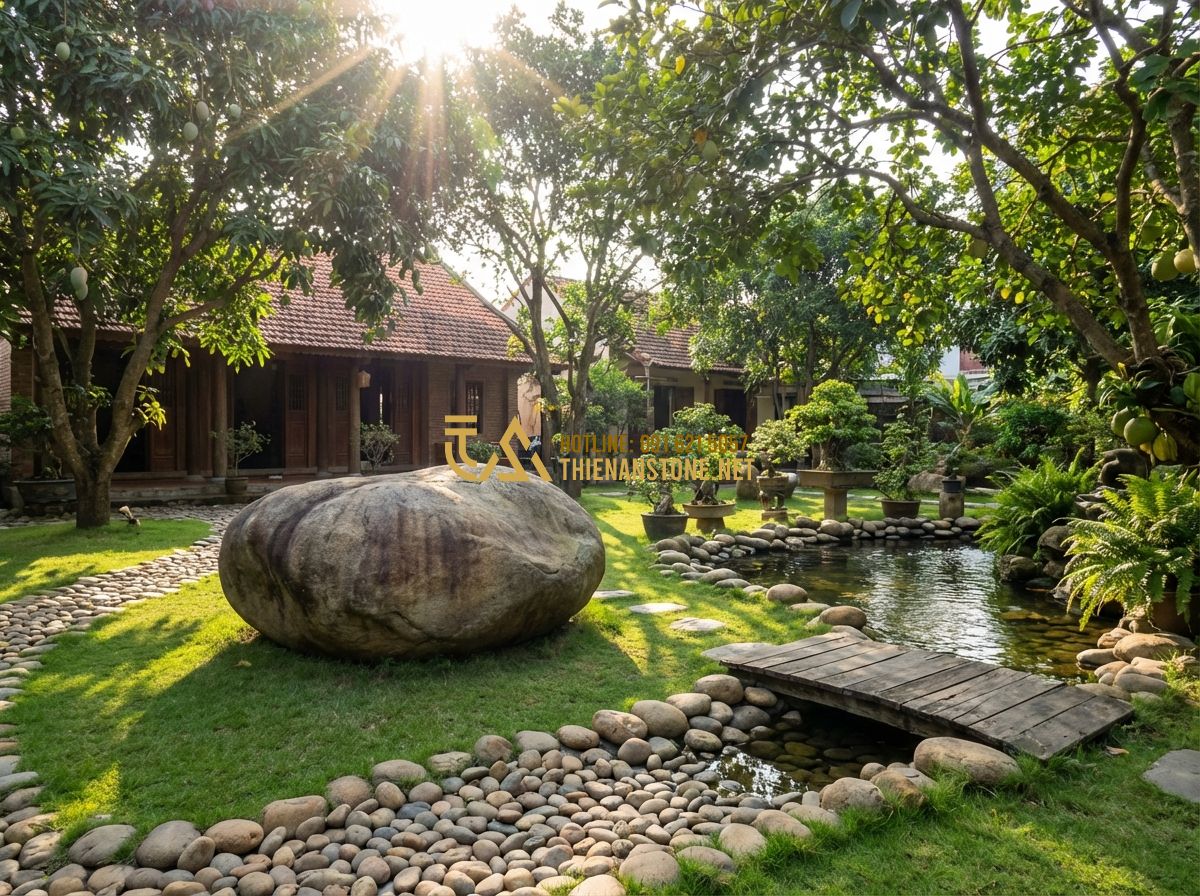 Tiểu Cảnh Sân Sau Nhà Ống Và Sân Sau Nhà Cấp 4 Đẹp - Tạo ảnh tiếng Anh: A spacious backyard landscape for a traditional Vietnamese le