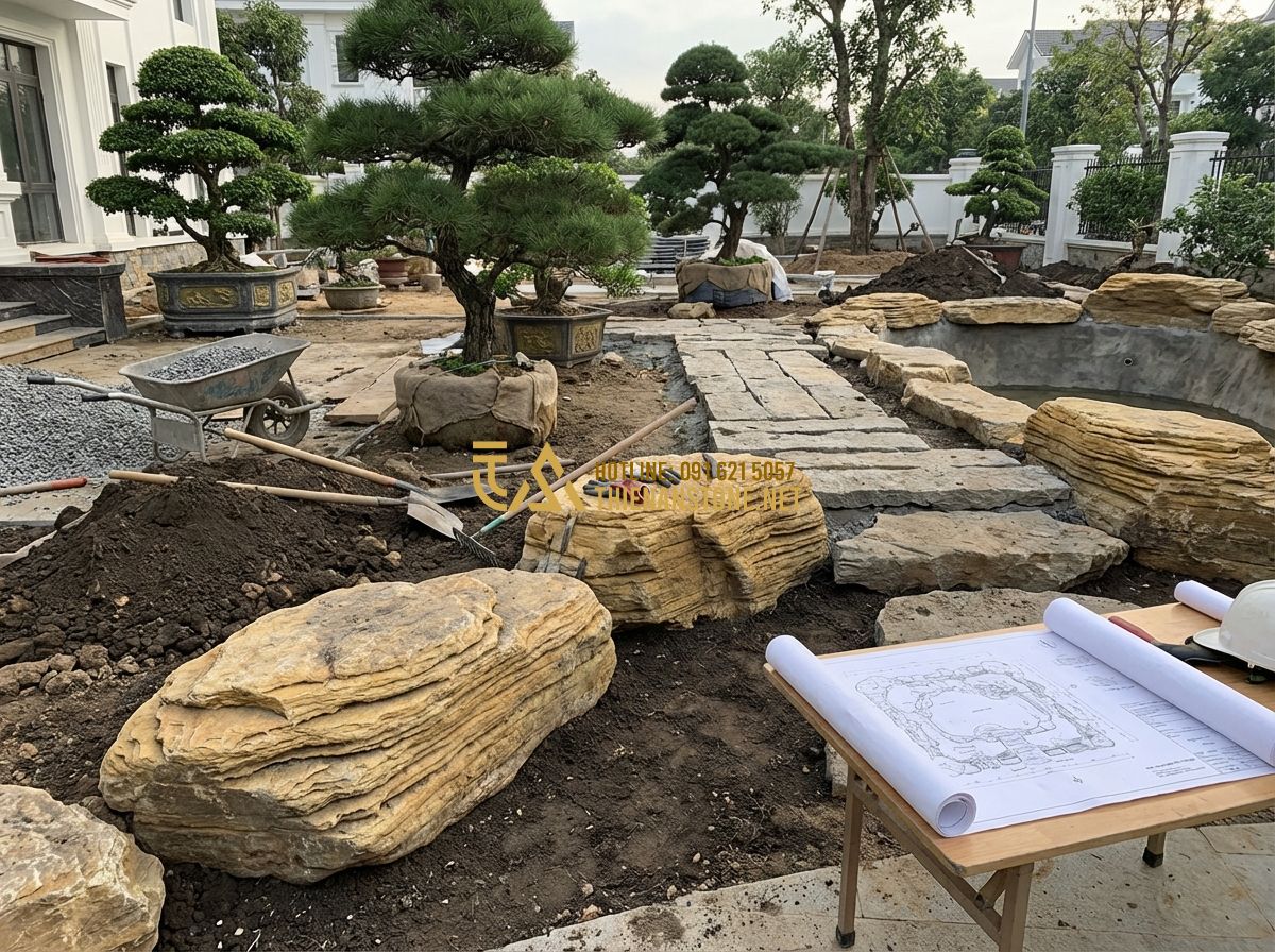Tiểu Cảnh Sân Sau Nhà Ống Và Sân Sau Nhà Cấp 4 Đẹp - Tạo ảnh tiếng Anh: Professional landscape construction scene. Skilled workers ca