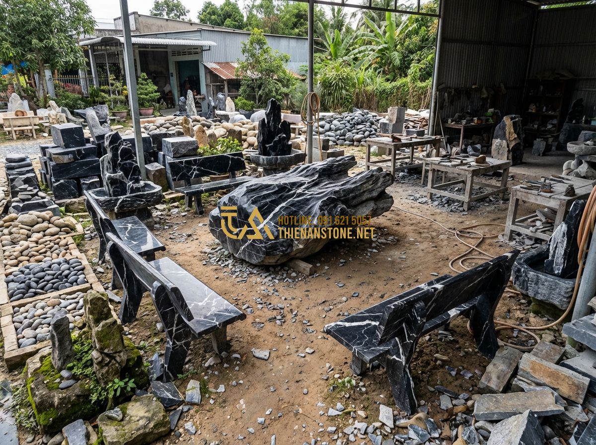 Tiểu Cảnh Sân Sau Nhà Ống Và Sân Sau Nhà Cấp 4 Đẹp - Tạo ảnh tiếng Anh: A large stone craft workshop at Thien An Stone. Skilled artis