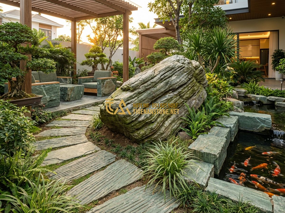 Tiểu Cảnh Sân Sau Nhà Ống Và Sân Sau Nhà Cấp 4 Đẹp - Tạo ảnh tiếng Anh: A final overview of a stunning backyard landscape with mixed
