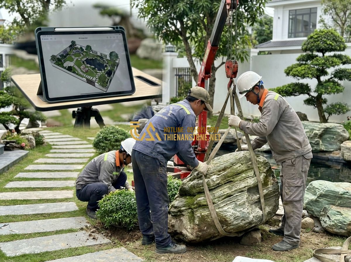 Tiểu Cảnh Sân Vườn Đẹp: 100+ Ý Tưởng Thiết Kế Mini, Hiện Đại & Phong Thủy - Hình 6 Tiểu Cảnh Sân Vườn Đẹp: 100+ Ý Tưởng Thiết Kế Mini, Hiện Đại & Phong Thủy - Tạo ảnh tiếng Anh: A professional team of landscapers carefully installing a sto