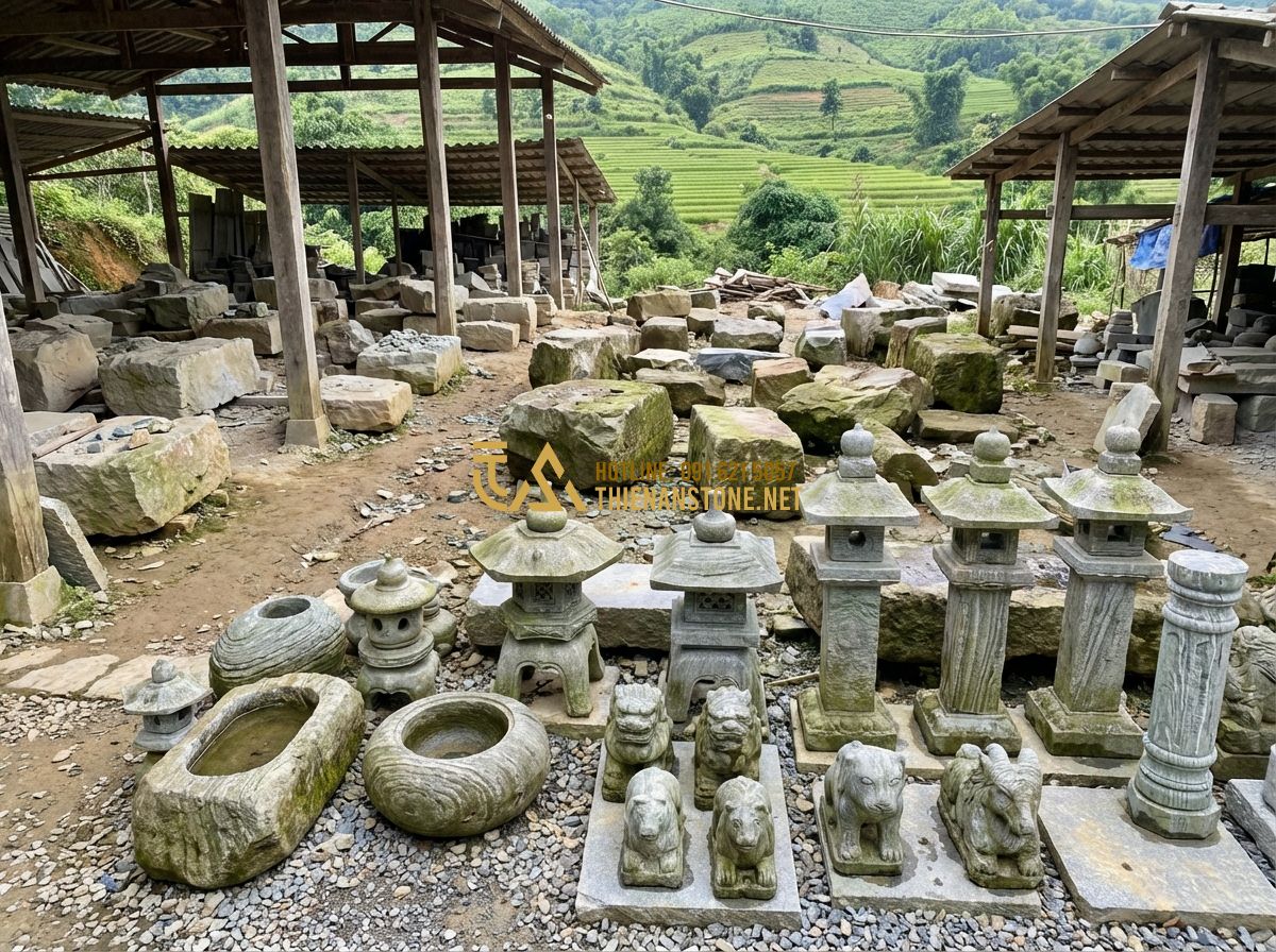 Tiểu Cảnh Sân Vườn Đẹp: 100+ Ý Tưởng Thiết Kế Mini, Hiện Đại & Phong Thủy - Hình 8 Tiểu Cảnh Sân Vườn Đẹp: 100+ Ý Tưởng Thiết Kế Mini, Hiện Đại & Phong Thủy - Tạo ảnh tiếng Anh: A panoramic view of a professional stone masonry workshop in