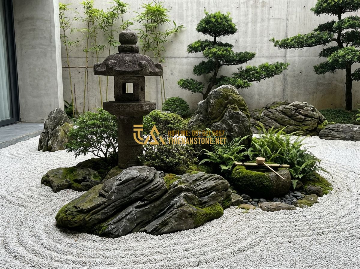 Tiểu Cảnh Sân Vườn Nhật Bản & Tiểu Cảnh Khô Hiện Đại - Hình 1 Tiểu Cảnh Sân Vườn Nhật Bản & Tiểu Cảnh Khô Hiện Đại - Tạo ảnh tiếng Anh: A high-end Japanese Zen garden featuring a stone lantern (Ish