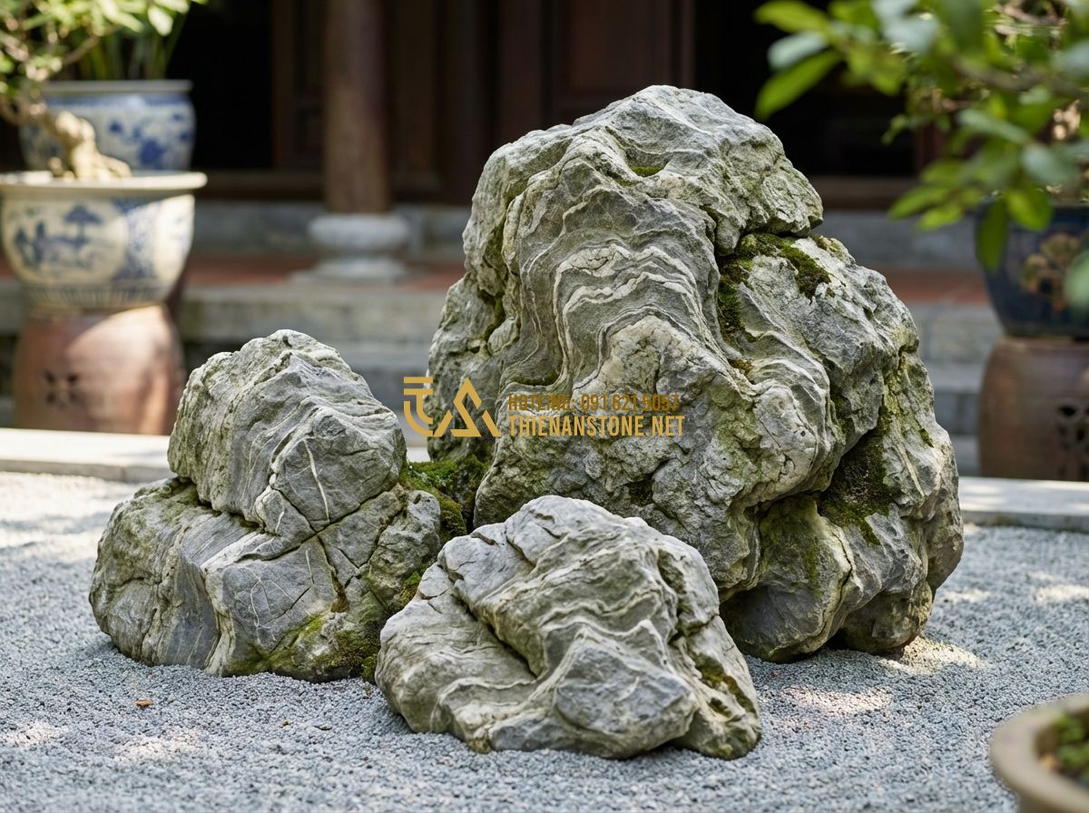 Tiểu Cảnh Sân Vườn Nhật Bản & Tiểu Cảnh Khô Hiện Đại - Hình 3 Tiểu Cảnh Sân Vườn Nhật Bản & Tiểu Cảnh Khô Hiện Đại - Tạo ảnh tiếng Anh: A detailed shot of a stone arrangement in a dry garden. A gro