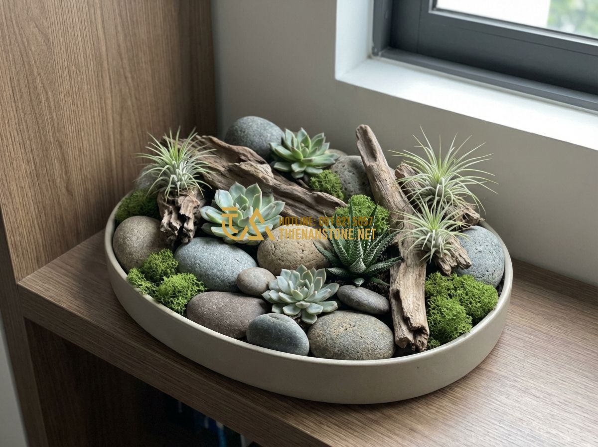 Tiểu Cảnh Sân Vườn Nhật Bản & Tiểu Cảnh Khô Hiện Đại - Hình 4 Tiểu Cảnh Sân Vườn Nhật Bản & Tiểu Cảnh Khô Hiện Đại - Tạo ảnh tiếng Anh: A close-up of a small indoor dry landscape feature. It shows