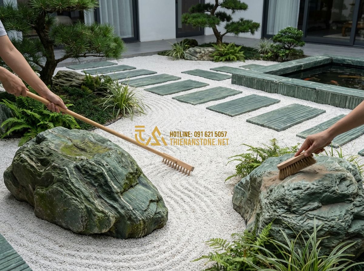 Tiểu Cảnh Sân Vườn Nhật Bản & Tiểu Cảnh Khô Hiện Đại - Hình 7 Tiểu Cảnh Sân Vườn Nhật Bản & Tiểu Cảnh Khô Hiện Đại - Tạo ảnh tiếng Anh: A person gently grooming a Zen garden. Using a specialized wo
