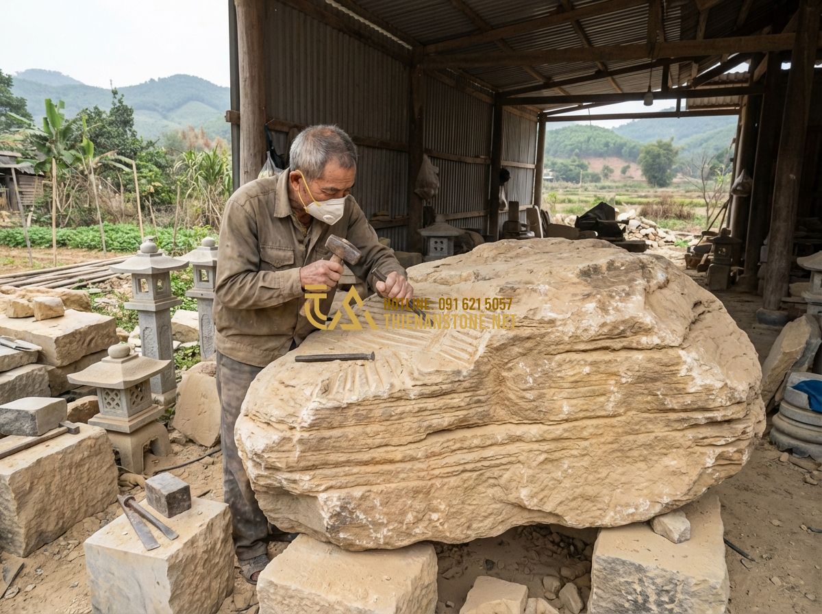 Tiểu Cảnh Sân Vườn Nhật Bản & Tiểu Cảnh Khô Hiện Đại - Hình 8 Tiểu Cảnh Sân Vườn Nhật Bản & Tiểu Cảnh Khô Hiện Đại - Tạo ảnh tiếng Anh: An artisan at Thien An Stone workshop carefully carving a lar