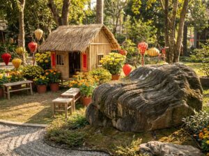 Tiểu Cảnh Tết 2026 Đẹp - Ý Tưởng Trang Trí Tết Nguyên Đán Hiện Đại & Truyền Thống - Tạo ảnh tiếng Anh: A high-end traditional Vietnamese Tet landscape 2026 decorati