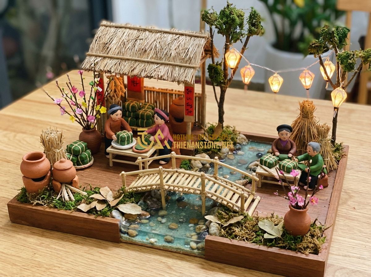 Tiểu Cảnh Tết 2026 Đẹp - Ý Tưởng Trang Trí Tết Nguyên Đán Hiện Đại & Truyền Thống - Tạo ảnh tiếng Anh: A detailed miniature Vietnamese rural Tet scene, small clay f