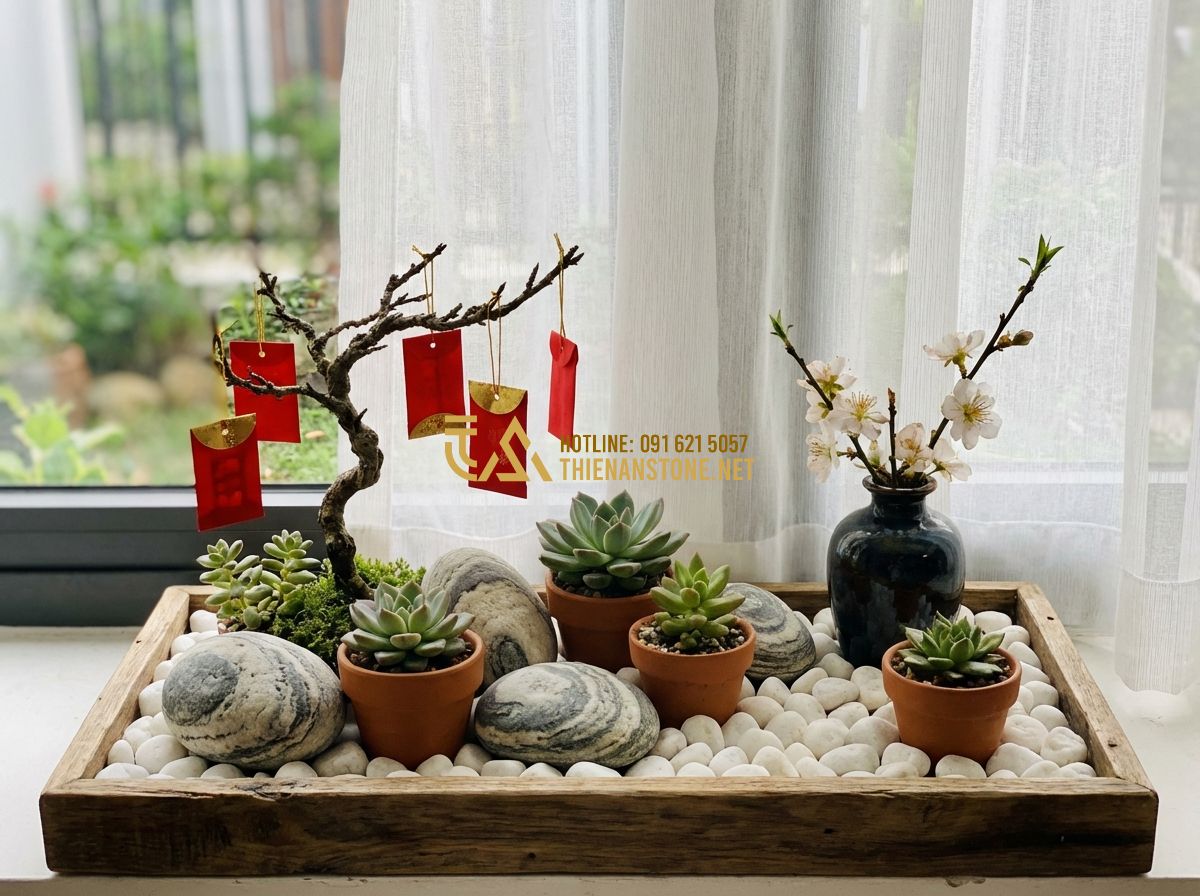 Tiểu Cảnh Tết 2026 Đẹp - Ý Tưởng Trang Trí Tết Nguyên Đán Hiện Đại & Truyền Thống - Tạo ảnh tiếng Anh: A creative windowsill miniature Tet garden, small succulents,