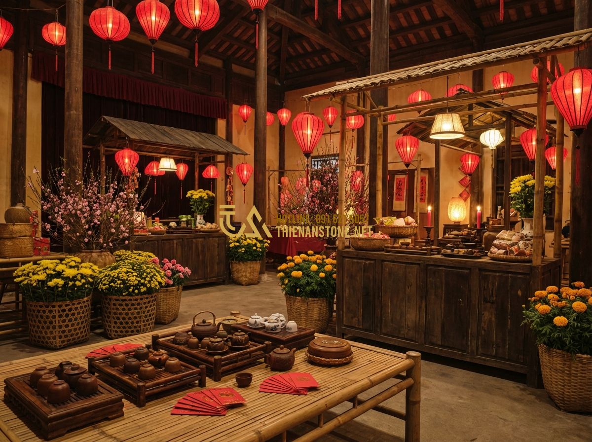 Tiểu Cảnh Tết 2026 Đẹp - Ý Tưởng Trang Trí Tết Nguyên Đán Hiện Đại & Truyền Thống - Tạo ảnh tiếng Anh: A grand indoor Tet 2026 display mimicking an ancient Vietname