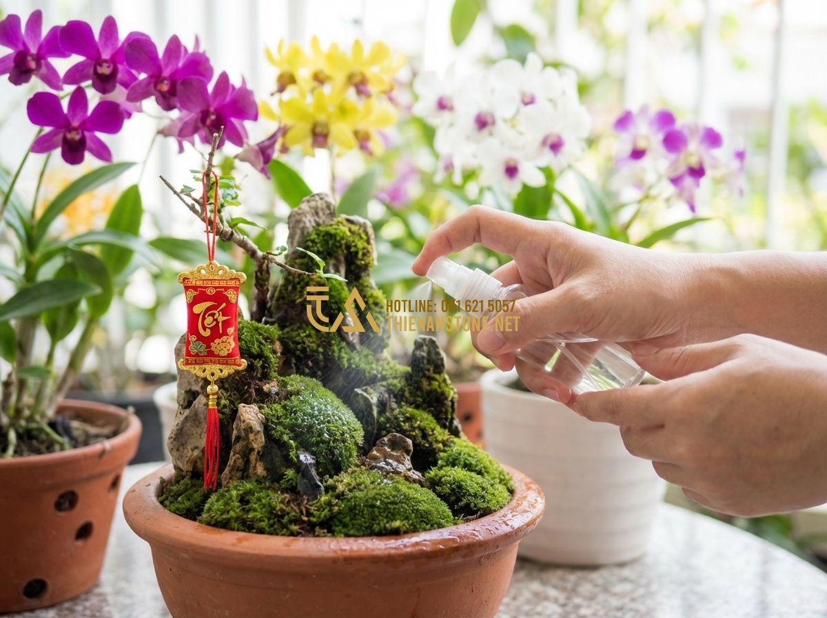 Tiểu Cảnh Tết 2026 Đẹp - Ý Tưởng Trang Trí Tết Nguyên Đán Hiện Đại & Truyền Thống - Tạo ảnh tiếng Anh: Close-up of a person gently misting water onto a mossy miniat