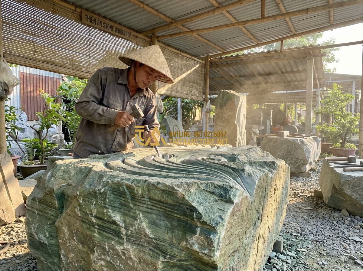 Tiểu Cảnh Tết 2026 Đẹp - Ý Tưởng Trang Trí Tết Nguyên Đán Hiện Đại & Truyền Thống - Tạo ảnh tiếng Anh: A professional stone artisan at Thien An Stone workshop caref
