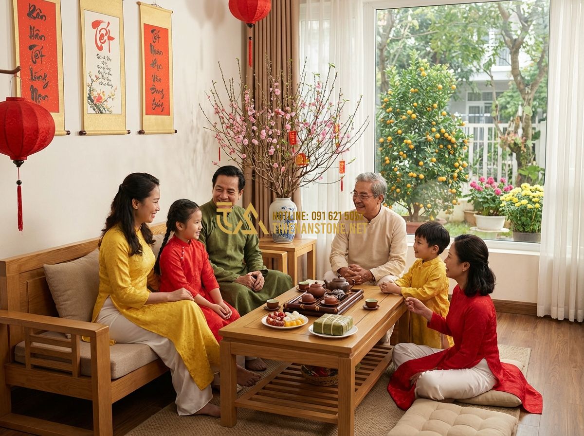 Tiểu Cảnh Tết 2026 Đẹp - Ý Tưởng Trang Trí Tết Nguyên Đán Hiện Đại & Truyền Thống - Tạo ảnh tiếng Anh: A peaceful and happy Vietnamese family sitting together next