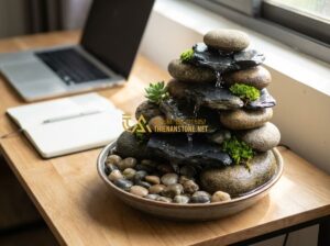 Tiểu Cảnh Thác Nước Mini Để Bàn Phong Thủy Siêu Đẹp - Tạo ảnh tiếng Anh: A high-end, elegant mini desktop waterfall fountain made of n