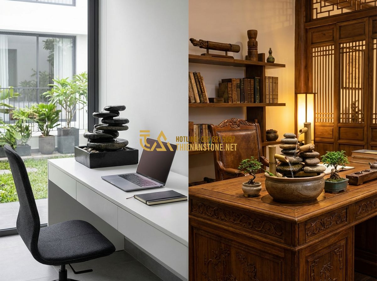 Tiểu Cảnh Thác Nước Mini Để Bàn Phong Thủy Siêu Đẹp - Hình 8 Tiểu Cảnh Thác Nước Mini Để Bàn Phong Thủy Siêu Đẹp - Tạo ảnh tiếng Anh: A side-by-side comparison of two different interior styles wi