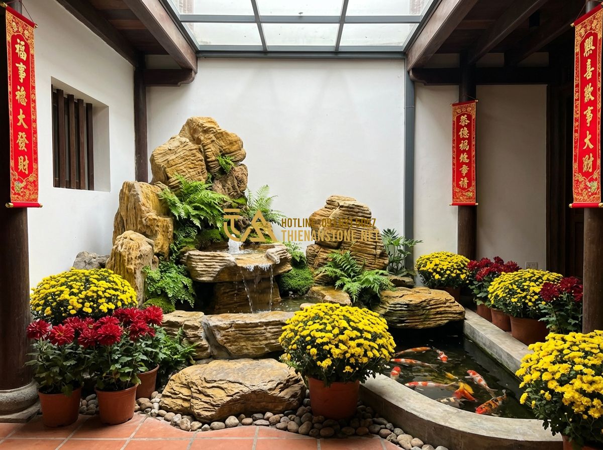 Tiểu Cảnh Trang Trí Tết Trong Nhà Ống Và Nhà Phố Đẹp - Tạo ảnh tiếng Anh: A stunning indoor courtyard (atrium/skylight area) of a Vietn