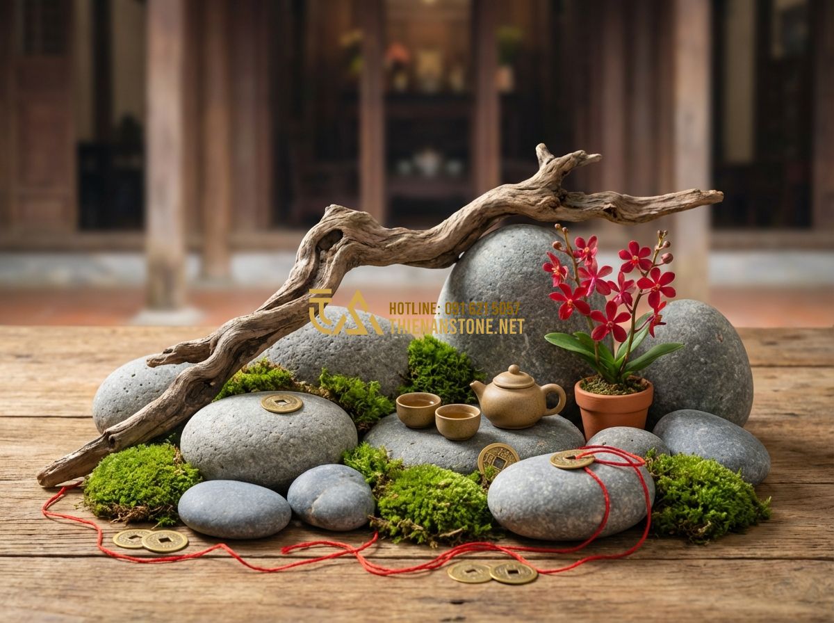 Tiểu Cảnh Trang Trí Tết Trong Nhà Ống Và Nhà Phố Đẹp - Tạo ảnh tiếng Anh: A detailed close-up of a Tet mini landscape using natural mat