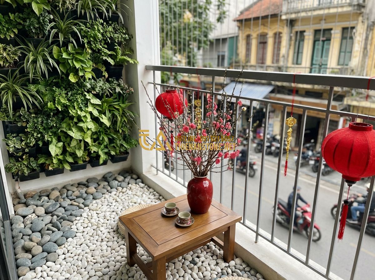 Tiểu Cảnh Trang Trí Tết Trong Nhà Ống Và Nhà Phố Đẹp - Tạo ảnh tiếng Anh: A stylish and minimalist Tet decoration on a small apartment