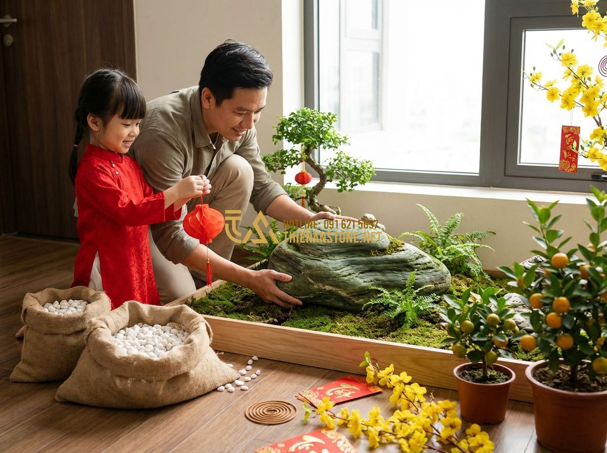Tiểu Cảnh Trang Trí Tết Trong Nhà Ống Và Nhà Phố Đẹp - Tạo ảnh tiếng Anh: A family (father and young daughter) joyfully decorating a sm
