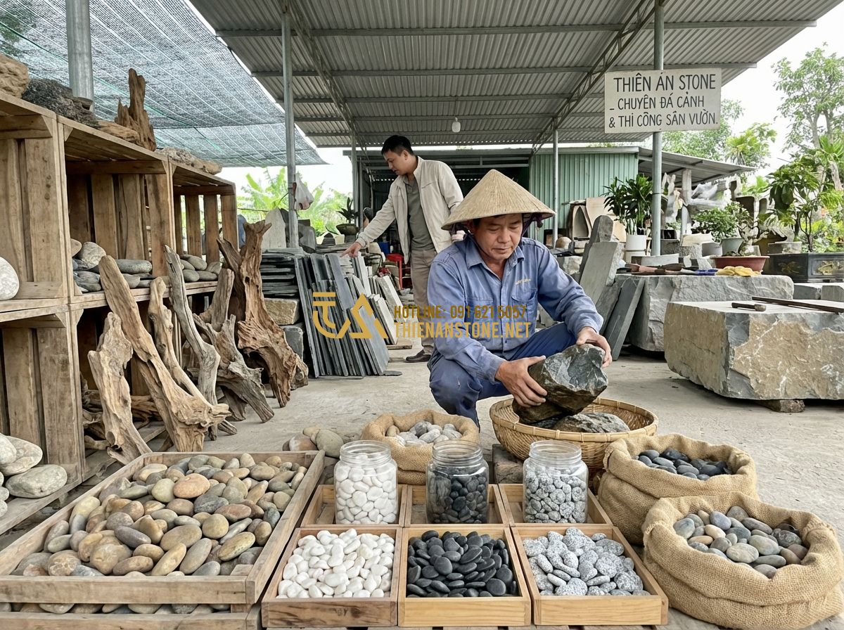 Tiểu Cảnh Trang Trí Tết Trong Nhà Ống Và Nhà Phố Đẹp - Tạo ảnh tiếng Anh: A showcase of various natural stone materials at Thien An Sto
