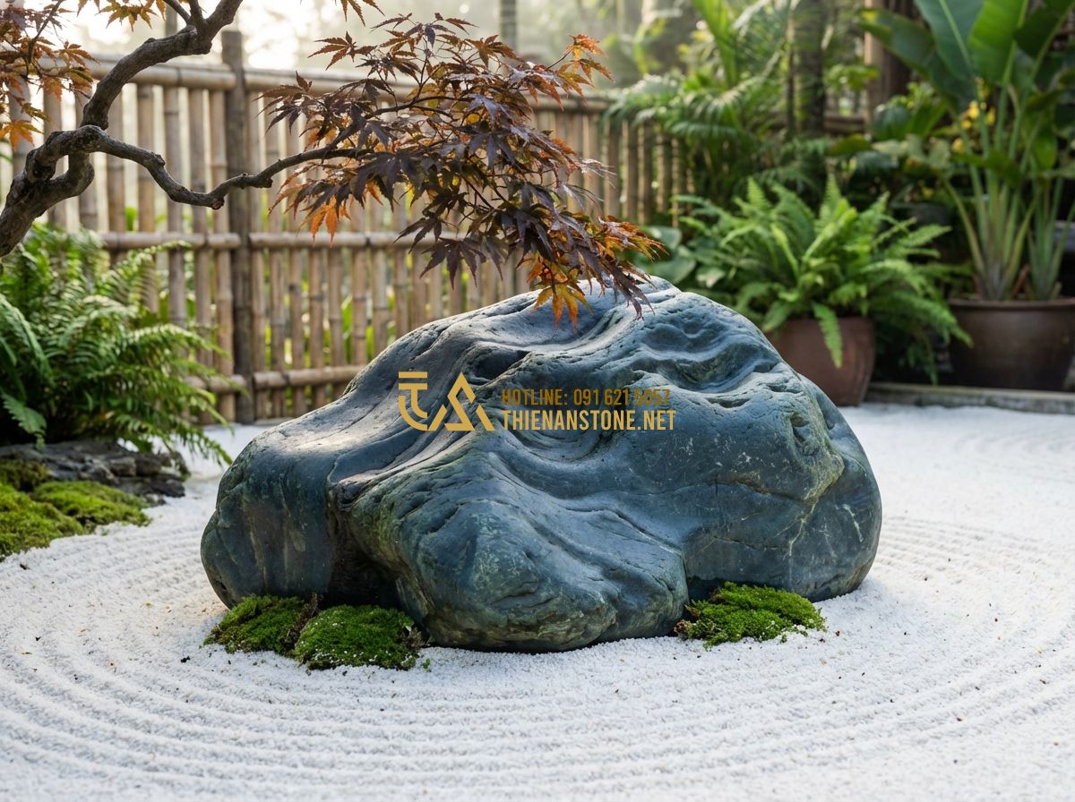 Top 10 Mẫu Đá Xanh Nhật Bản Đẹp Nhất Dùng Cho Non Bộ, Hồ Cá Và Vườn Thiền - Hình 3 Top 10 Mẫu Đá Xanh Nhật Bản Đẹp Nhất Dùng Cho Non Bộ, Hồ Cá Và Vườn Thiền - Tạo ảnh tiếng Anh: A solitary Japanese blue stone, large and smooth with a natur