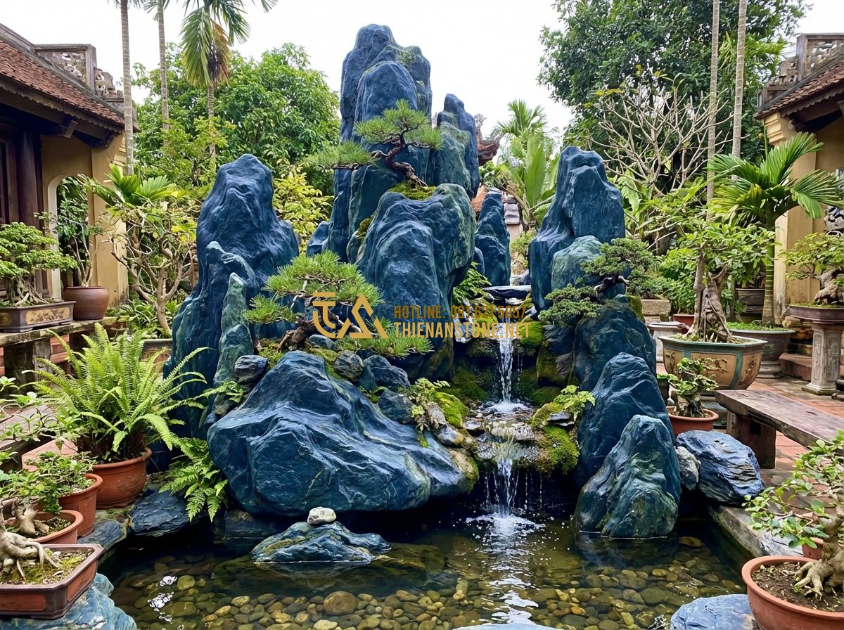 Top 10 Mẫu Đá Xanh Nhật Bản Đẹp Nhất Dùng Cho Non Bộ, Hồ Cá Và Vườn Thiền - Hình 4 Top 10 Mẫu Đá Xanh Nhật Bản Đẹp Nhất Dùng Cho Non Bộ, Hồ Cá Và Vườn Thiền - Tạo ảnh tiếng Anh: A majestic Japanese rockery (hon non bo) built with large Jap