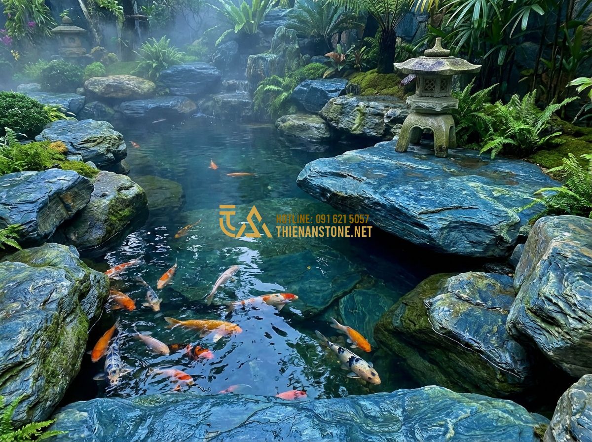 Top 10 Mẫu Đá Xanh Nhật Bản Đẹp Nhất Dùng Cho Non Bộ, Hồ Cá Và Vườn Thiền - Hình 5 Top 10 Mẫu Đá Xanh Nhật Bản Đẹp Nhất Dùng Cho Non Bộ, Hồ Cá Và Vườn Thiền - Tạo ảnh tiếng Anh: A luxury Koi pond surrounded by large, weathered Japanese blu
