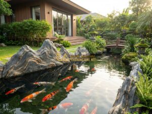 Top 10 Mẫu Hồ Cá Koi Sân Vườn Đẹp Được Thi Công Nhiều Nhất 2024 - Tạo ảnh tiếng Anh: A professional architectural visualization of a luxury Japane