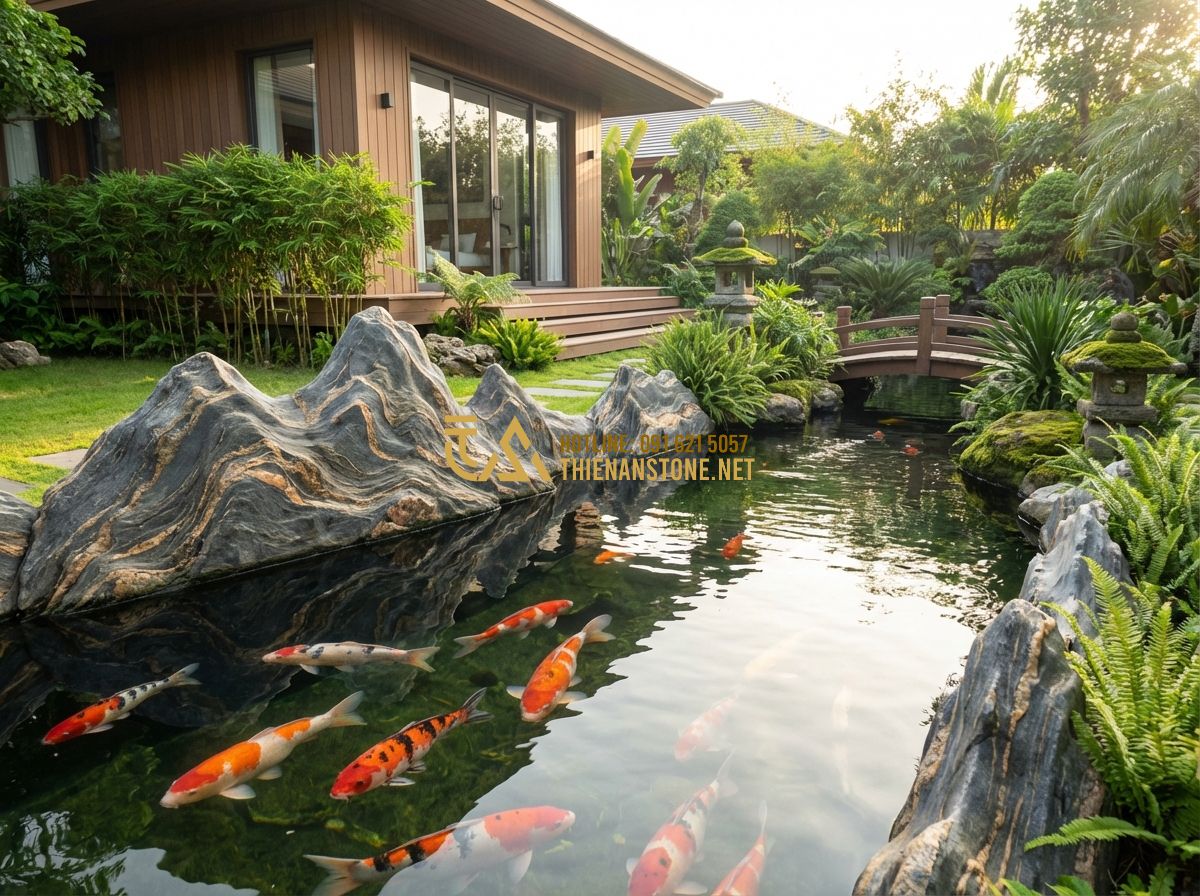 Top 10 Mẫu Hồ Cá Koi Sân Vườn Đẹp Được Thi Công Nhiều Nhất 2024 - Tạo ảnh tiếng Anh: A professional architectural visualization of a luxury Japane