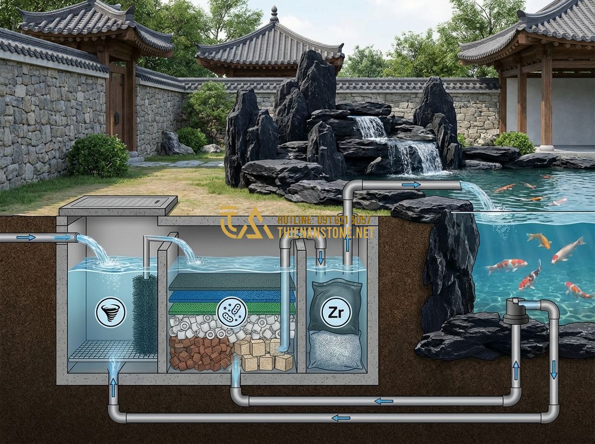 Top 10 Mẫu Hồ Cá Koi Sân Vườn Đẹp Được Thi Công Nhiều Nhất 2024 - Tạo ảnh tiếng Anh: A detailed technical cross-section diagram of a professional