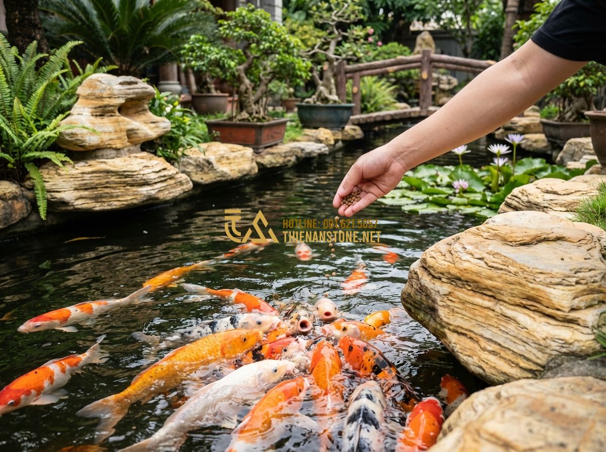 Top 10 Mẫu Hồ Cá Koi Sân Vườn Đẹp Được Thi Công Nhiều Nhất 2024 - Tạo ảnh tiếng Anh: A person gently feeding Koi fish by hand in a beautiful garde