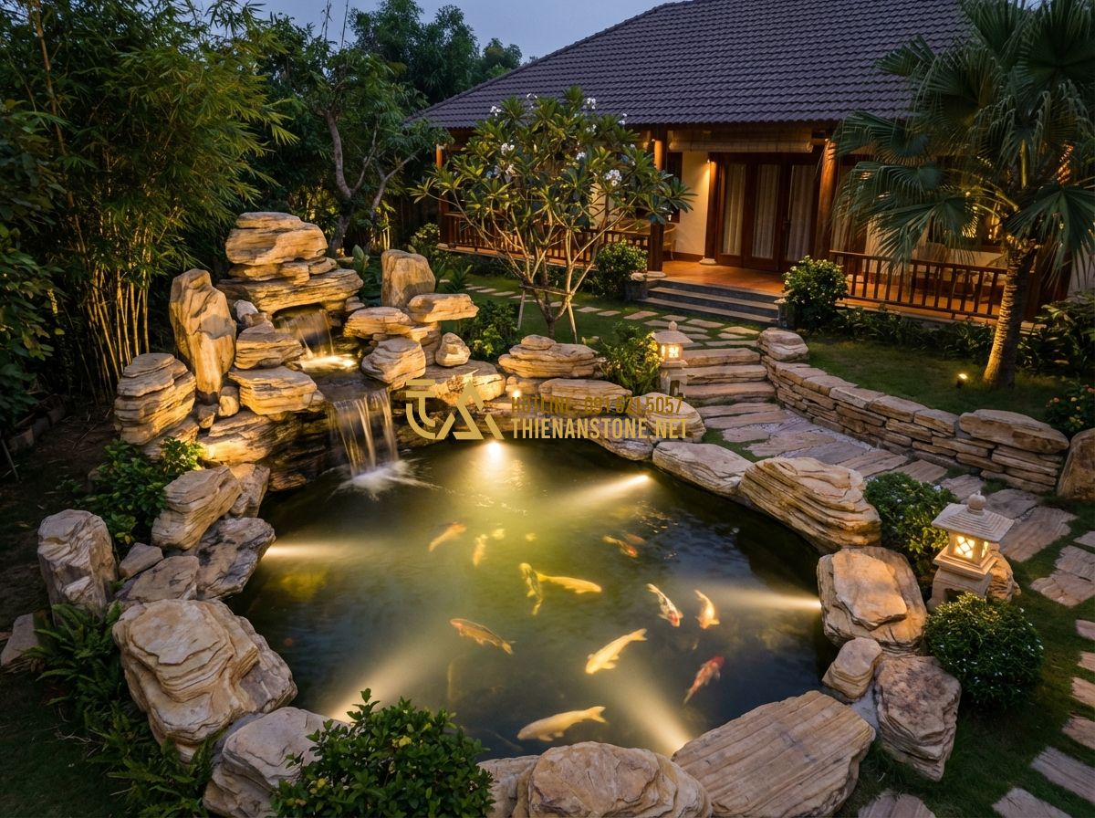 Top 10 Mẫu Hồ Cá Koi Sân Vườn Đẹp Được Thi Công Nhiều Nhất 2024 - Tạo ảnh tiếng Anh: A high-angle atmospheric shot of a luxury villa garden at twi