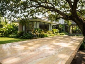 Top 100+ Mẫu Bàn Ghế Đá Granite - Hoa Cương Đẹp Nhất Cho Sân Vườn 2024 - Tạo ảnh tiếng Anh: A luxurious outdoor garden featuring a polished granite table