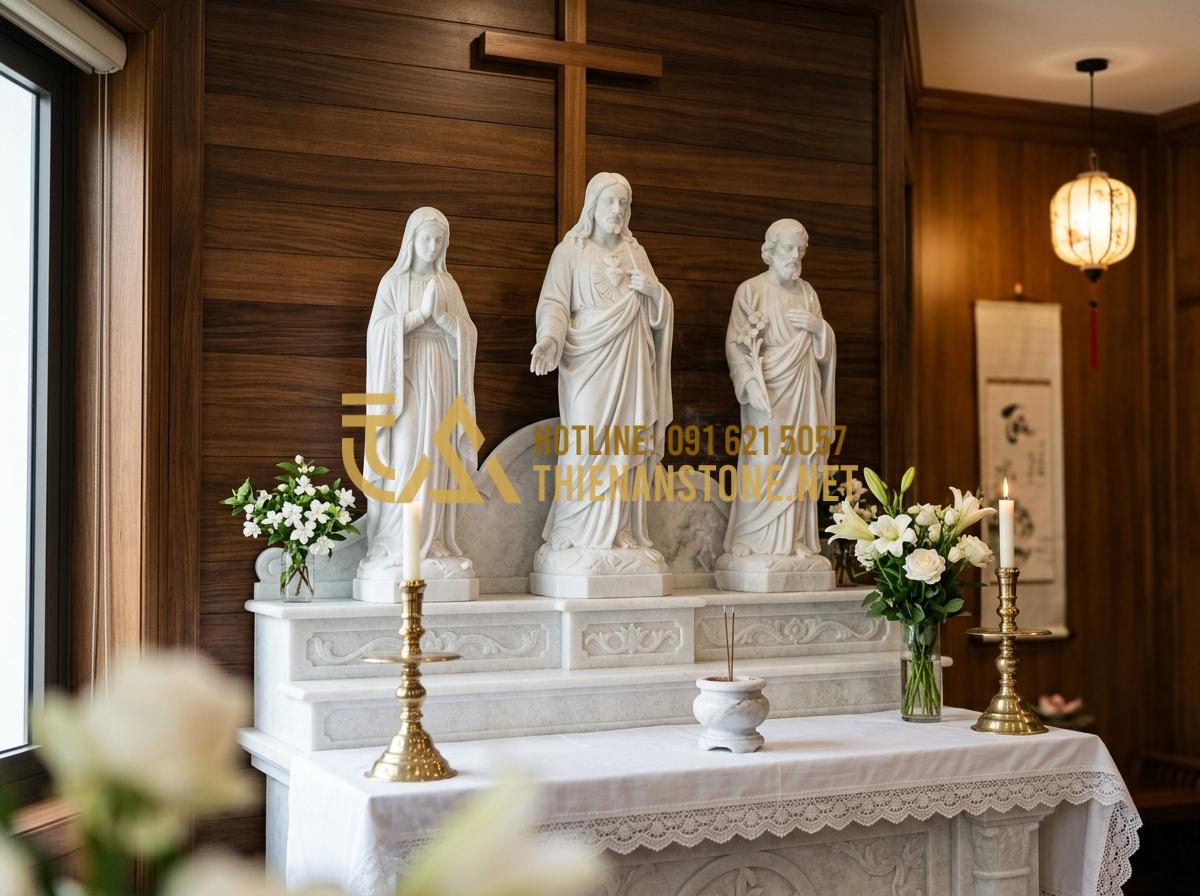 Top 100+ Mẫu Bàn Thờ Công Giáo Đẹp, Hiện Đại Và Trang Trọng Nhất 2026 - Tạo ảnh tiếng Anh: [A majestic Catholic altar set made of pure white marble, fea