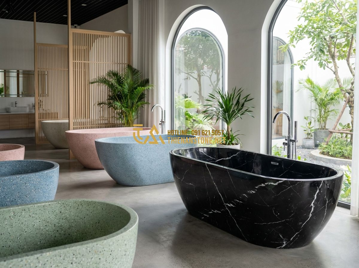 Top 100 Mẫu Bồn Tắm Đá Đẹp Nhất 2026 Cho Phòng Tắm Sang Trọng & Hiện Đại - Hình 2 Top 100 Mẫu Bồn Tắm Đá Đẹp Nhất 2026 Cho Phòng Tắm Sang Trọng & Hiện Đại - Create image in English: Modern terrazzo and stone polished bathtubs in various