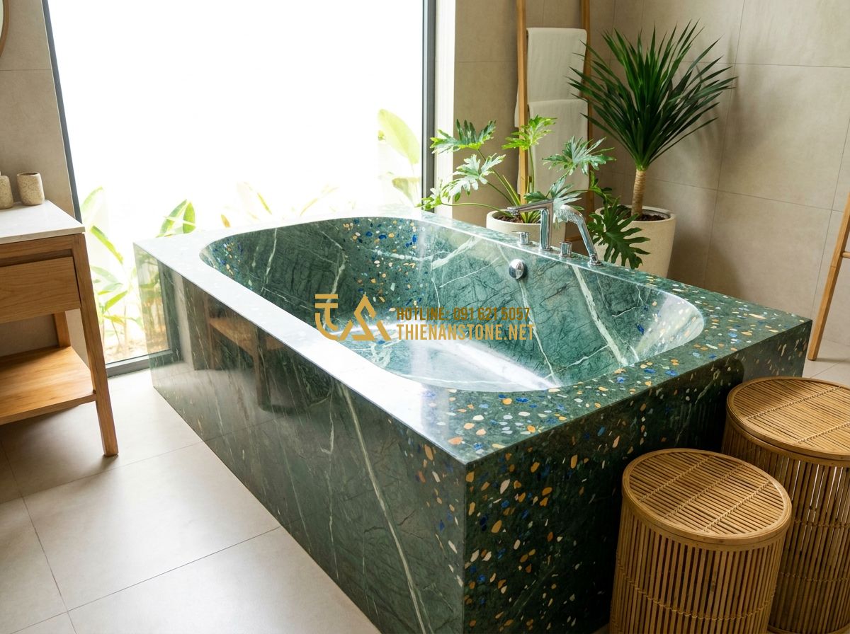 Top 100 Mẫu Bồn Tắm Đá Đẹp Nhất 2026 Cho Phòng Tắm Sang Trọng & Hiện Đại - Hình 3 Top 100 Mẫu Bồn Tắm Đá Đẹp Nhất 2026 Cho Phòng Tắm Sang Trọng & Hiện Đại - Create image in English: Artistic terrazzo stone bathtub with colorful speckles