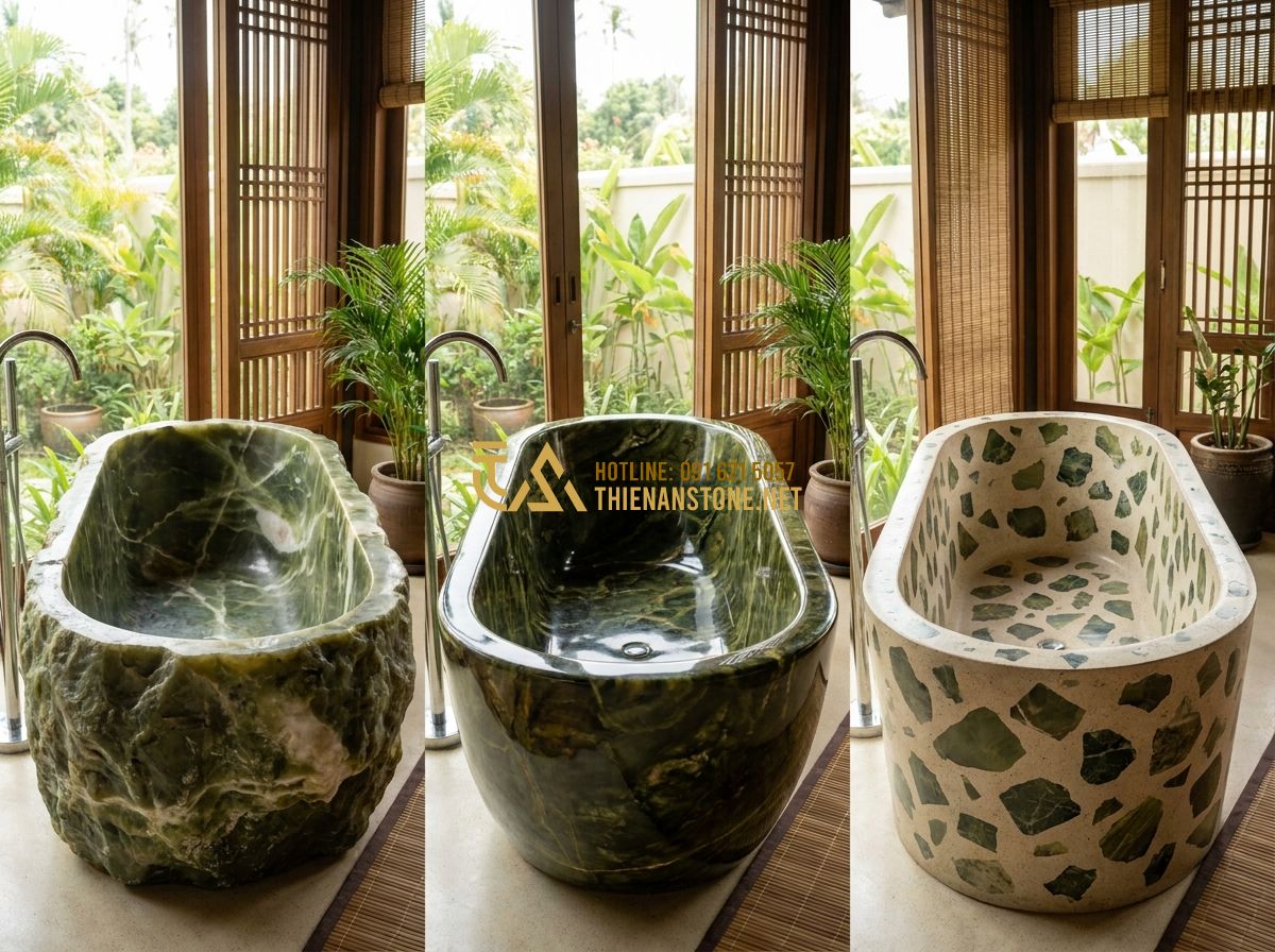 Top 100 Mẫu Bồn Tắm Đá Đẹp Nhất 2026 Cho Phòng Tắm Sang Trọng & Hiện Đại - Hình 4 Top 100 Mẫu Bồn Tắm Đá Đẹp Nhất 2026 Cho Phòng Tắm Sang Trọng & Hiện Đại - Create image in English: Side-by-side comparison of natural stone, polished ston