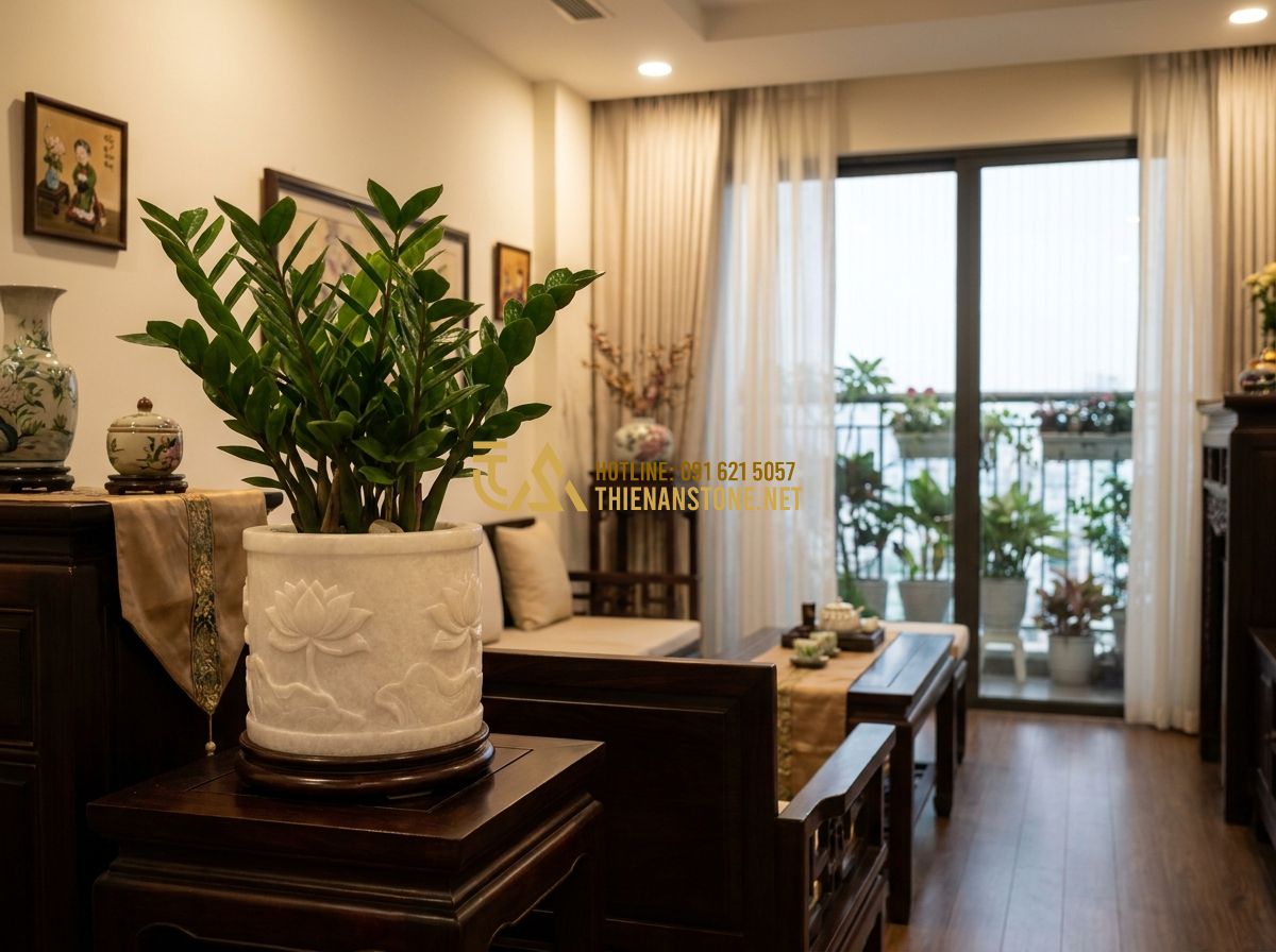 Top 100 Mẫu Chậu Đá Trồng Cây Cảnh Đẹp Nhất 2026 Cho Ban Công, Sân Vườn & Nội Thất - Hình 4 Top 100 Mẫu Chậu Đá Trồng Cây Cảnh Đẹp Nhất 2026 Cho Ban Công, Sân Vườn & Nội Thất - Tạo ảnh tiếng Anh: A luxurious interior of a living room in Ho Chi Minh City. A