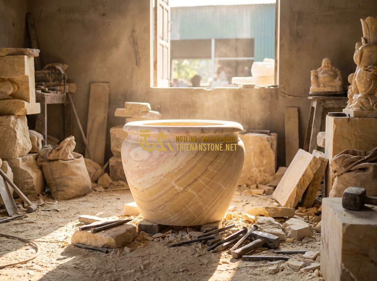 Top 100 Mẫu Chậu Đá Trồng Cây Cảnh Đẹp Nhất 2026 Cho Ban Công, Sân Vườn & Nội Thất - Hình 5 Top 100 Mẫu Chậu Đá Trồng Cây Cảnh Đẹp Nhất 2026 Cho Ban Công, Sân Vườn & Nội Thất - Tạo ảnh tiếng Anh: A master craftsman in his 50s at Thien An Stone Factory in Ph