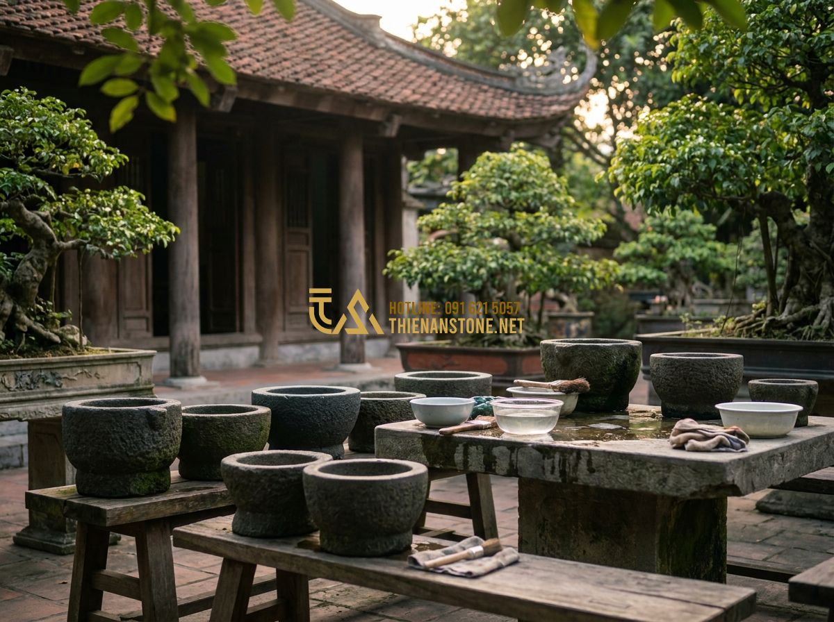 Top 100 Mẫu Cối Đá Tự Nhiên Đẹp Nhất 2026 Dùng Xay Bột Giã Cua & Trang Trí - Tạo ảnh tiếng Anh: An elderly Vietnamese teacher with glasses, meticulously clea