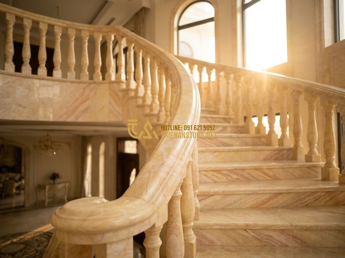 Top 100 Mẫu Con Tiện Đá Đẹp Nhất 2026 Dùng Làm Lan Can & Cầu Thang Nhà Phố Biệt Thự - Create a high-quality, professional architectural photograph of a luxury villa's