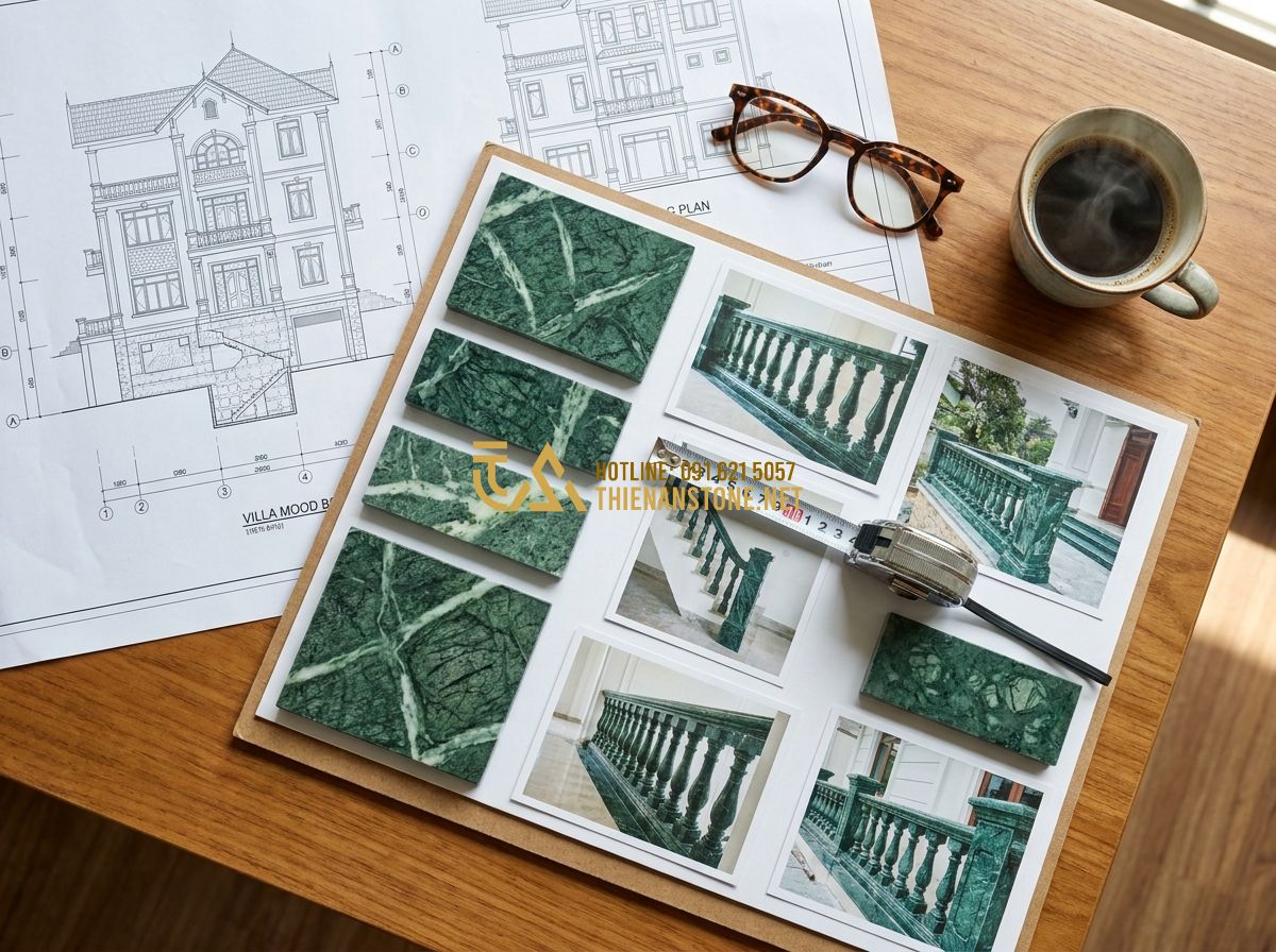 Top 100 Mẫu Con Tiện Đá Đẹp Nhất 2026 Dùng Làm Lan Can & Cầu Thang Nhà Phố Biệt Thự - A professional architectural blueprint and a mood board spread out on a table. T