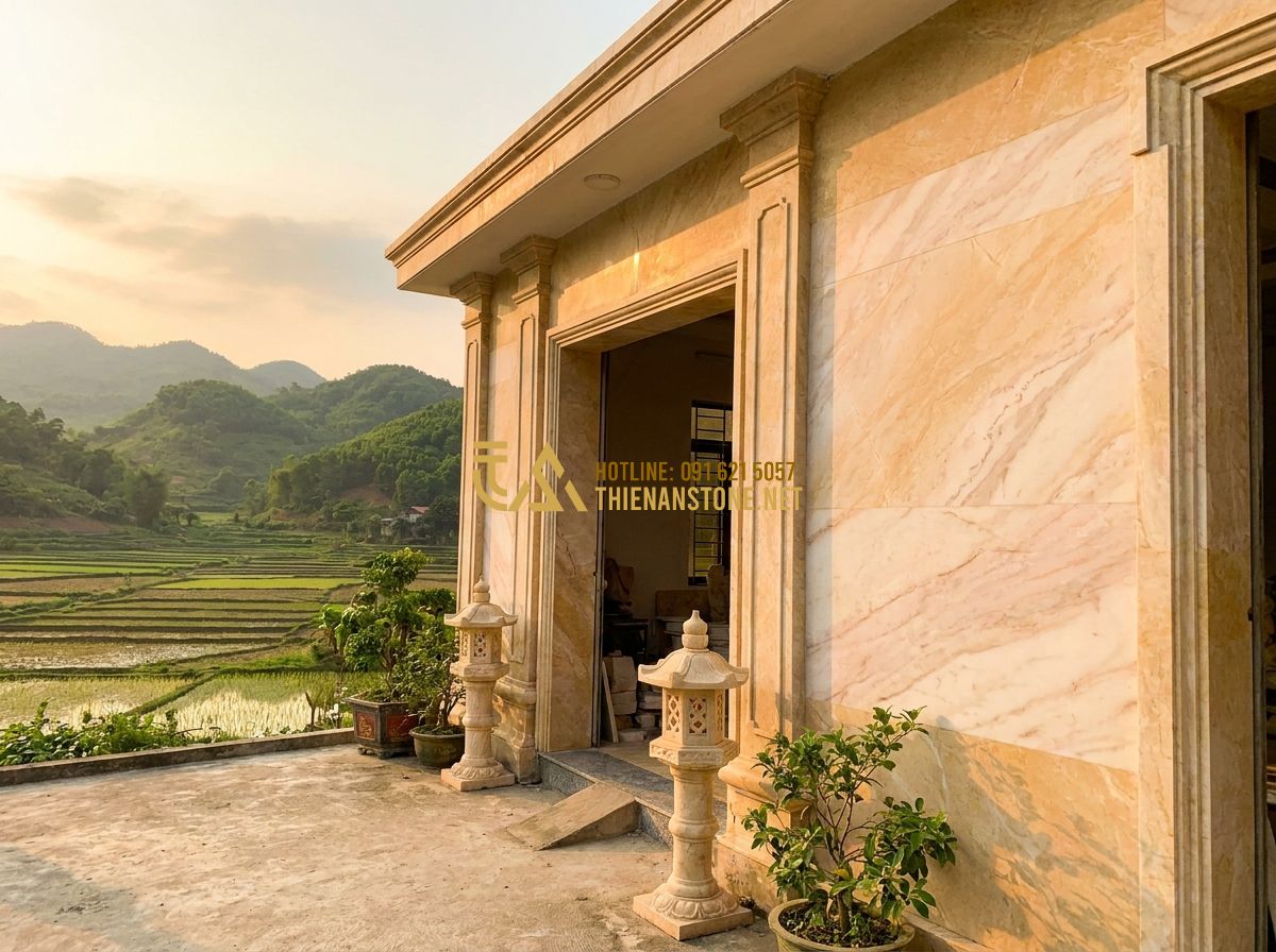 Top 100 Mẫu Con Tiện Đá Đẹp Nhất 2026 Dùng Làm Lan Can & Cầu Thang Nhà Phố Biệt Thự - A warm, inviting photo of the facade of the Thien An Stone workshop in Phu Tho.