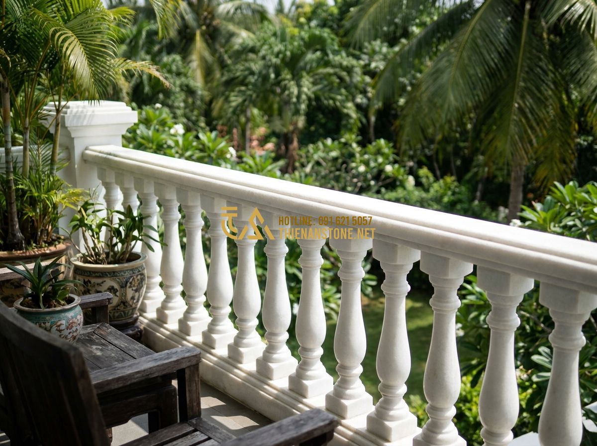Top 100 Mẫu Con Tiện Đá Đẹp Nhất 2026 Dùng Làm Lan Can & Cầu Thang Nhà Phố Biệt Thự - An interior design preview of a grand neoclassical staircase. The balustrades ar