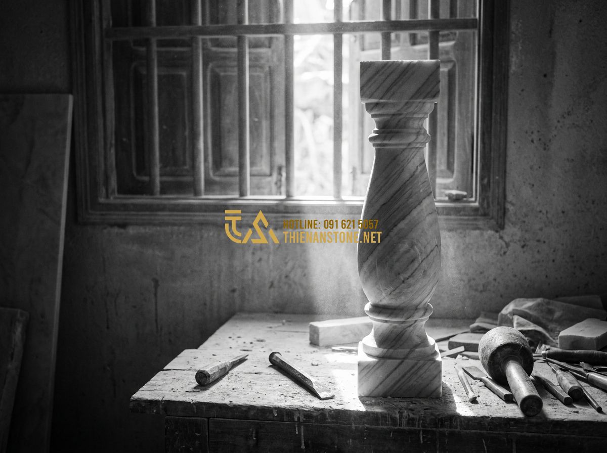Top 100 Mẫu Con Tiện Đá Đẹp Nhất 2026 Dùng Làm Lan Can & Cầu Thang Nhà Phố Biệt Thự - An infographic-style professional photo showing four different types of stone ba