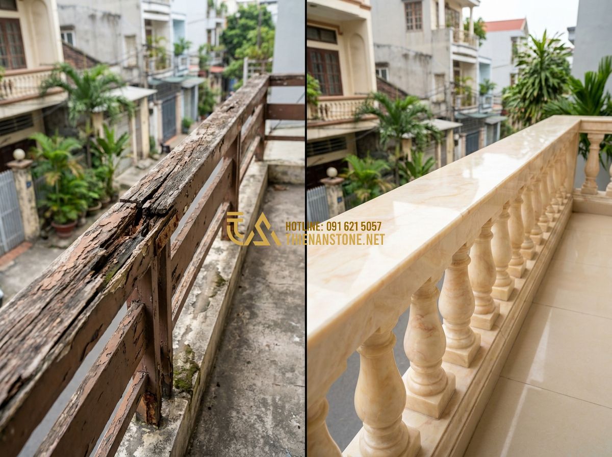 Top 100 Mẫu Con Tiện Đá Đẹp Nhất 2026 Dùng Làm Lan Can & Cầu Thang Nhà Phố Biệt Thự - A high-quality comparative split image. On the left side, a weathered, peeling w