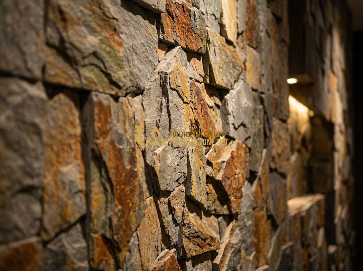 Top 100 Mẫu Đá Chẻ Ốp Tường & Lát Sân Đẹp Nhất 2026 – Texture Tự Nhiên Sang Trọng - Tạo ảnh tiếng Anh: Close-up shot of a luxury interior wall decorated with multi-