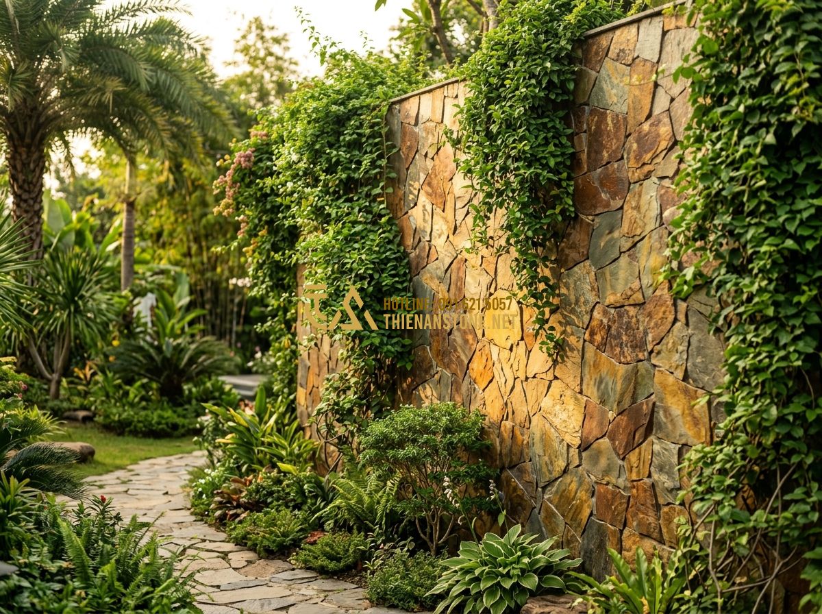 Top 100 Mẫu Đá Chẻ Ốp Tường & Lát Sân Đẹp Nhất 2026 – Texture Tự Nhiên Sang Trọng - Tạo ảnh tiếng Anh: A beautiful garden wall covered in golden-yellow split stones