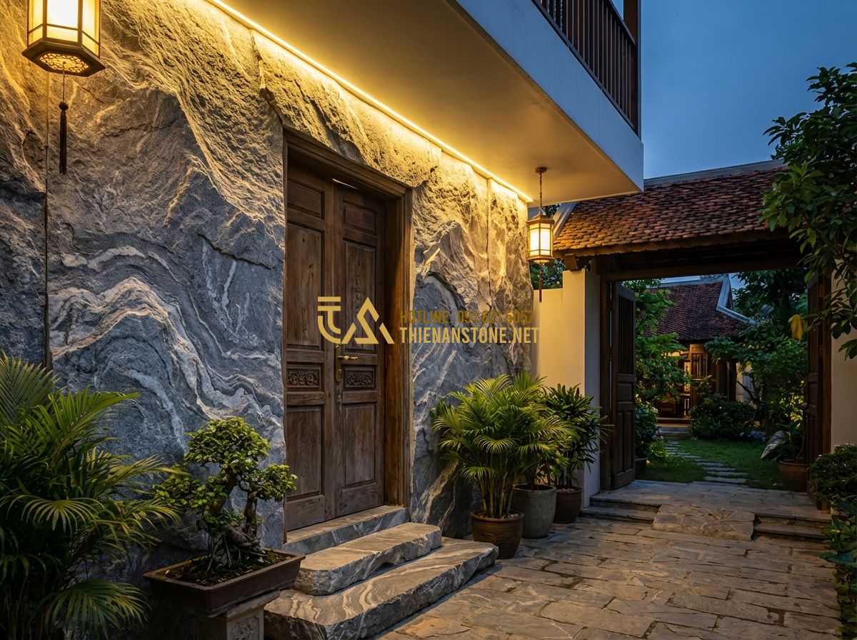 Top 100 Mẫu Đá Chẻ Ốp Tường & Lát Sân Đẹp Nhất 2026 – Texture Tự Nhiên Sang Trọng - Tạo ảnh tiếng Anh: A serene home entrance with a large split stone feature wall,